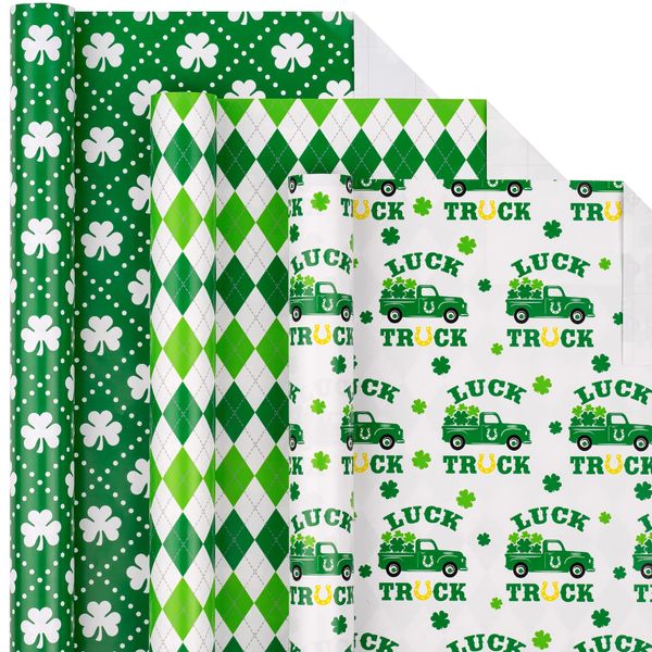 LeZakaa St. Patrick's Wrapping Paper Roll - Mini Roll - Green Clover/Green Truck/Diamond Check for Gift Wrap, Craft - 17 x 120 inches - 3 Rolls (42.5 sq.ft.ttl.)