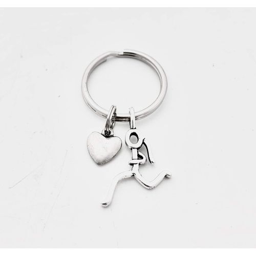 Heart of a Runner Girl Key Chain - Pewter Puffed Heart and Pewter Stick Figure Runner Girl Charm on Stainless Steel Round Key Ring
