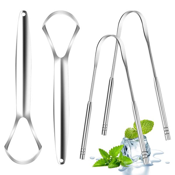 DULKET 4 Pcs Tongue Scraper Stainless Steel Tongue Scraper Double-Sided Tongue Scraper for Oral Hygiene and Breath Freshening, Easy to Use and Clean.