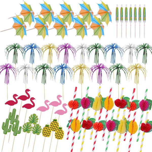 Ailvor Cocktail Accessories for Drinks, 140pcs Cocktail Decorations, Paper Umbrellas, Sparkler Sticks, Straws, Cocktail Accessories Party Pack for Beach, Birthday, Wedding, Music Festival