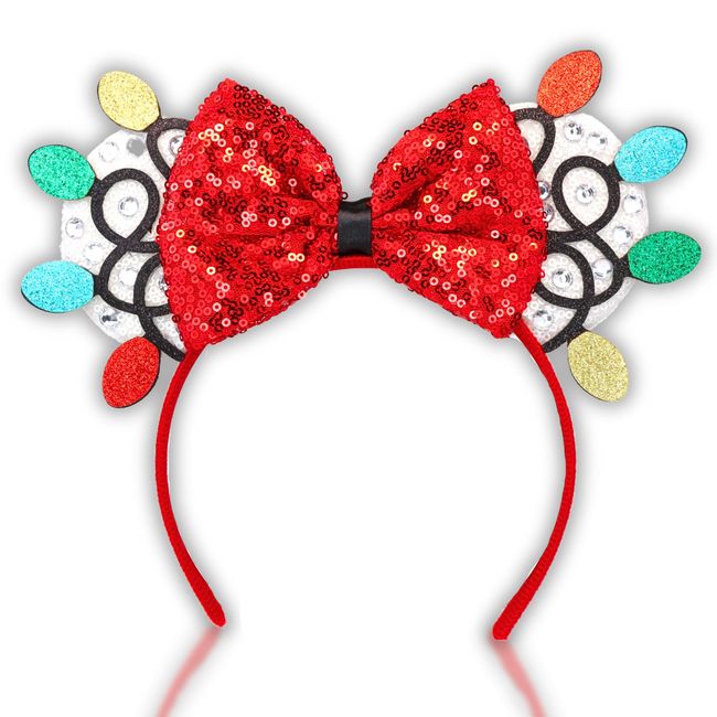 Needzo Light Bulb Christmas Mouse Ears Bow Headband, Sequin Holiday Party Hair Accessories, One Size Fits Most