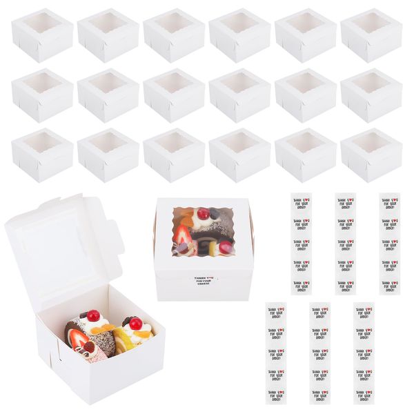 RosewineC 30 Pcs Cake Boxes Small, White Cake Boxes Bakery Boxs with Window Mini Cake Boxes with 30 Stickers, Small Cake Boxes for Cake Portions, Cake Box Small for Cake Portions Cookies Candy