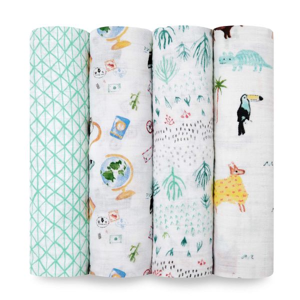 aden + anais Swaddle Blanket, Boutique Muslin Blankets for Girls & Boys, Baby Receiving Swaddles, Ideal Newborn & Infant Swaddling Set, Perfect Shower Gifts, 4 Pack, Around The World