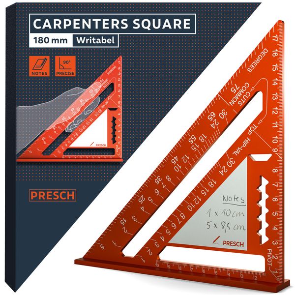 Presch Carpenters Square 180mm | Innovative wipeable note surface | High-precision milled aluminum for permanently accurate 90° angles | Carefully crafted, resilient coating