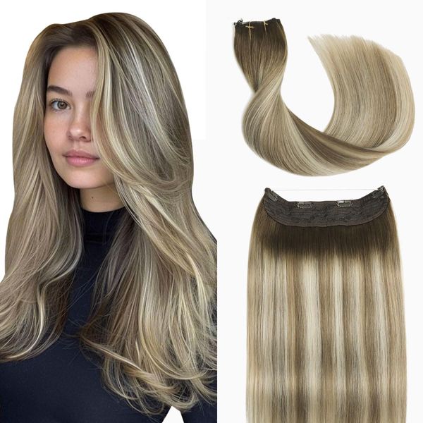 Sindra Wire Human Hair 70g Balayage Ombre Walnut Brown to Ash Brown and Blonde One Pieces Hair Extensions Wire Hair Extensions Human Hair (#3/8/22-14inch)