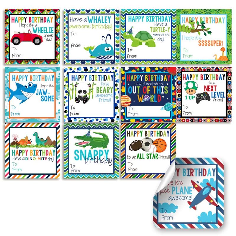 Happy Birthday Gift Tag Stickers for Boys, Set of 24 2.5 X 2.5 Mixed ...