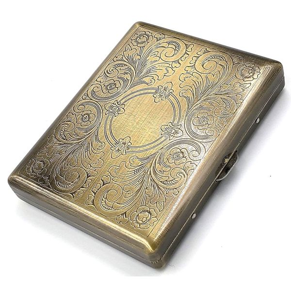 Retro Cigarette Case Victorian Style Metal Holder for Regular, King and 100's Size Credit Card Holder, Large with Etched Pattern (ET-L100, Antique Brass)