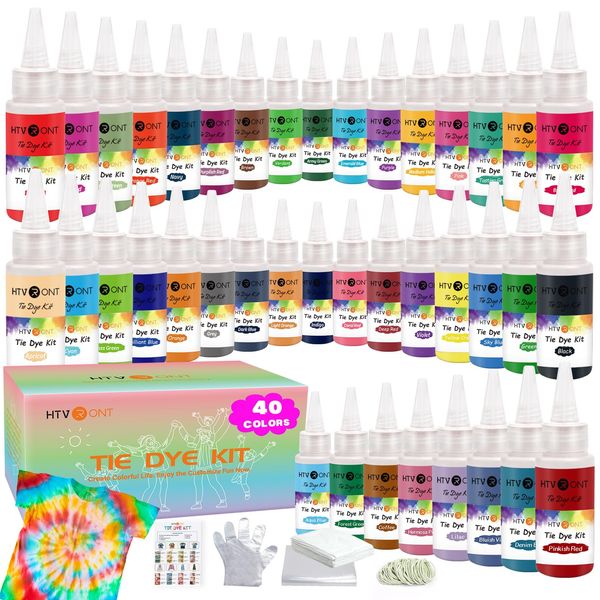 HTVRONT Tie Dye Kit - 40 Vibrant Colors Tye Dye Kit for Large Groups, Pre-Filled Bottles Tye dye for Kids, Permanent Tie Dye Kits for Adults Tyedyedye Party Supplies Tye dye Kit to Go(Just Add Water)