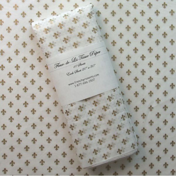 Tissue Paper/Gift Wrap - Gold Fleur de Lis on White Tissue - 10 sheets 20" x 30"