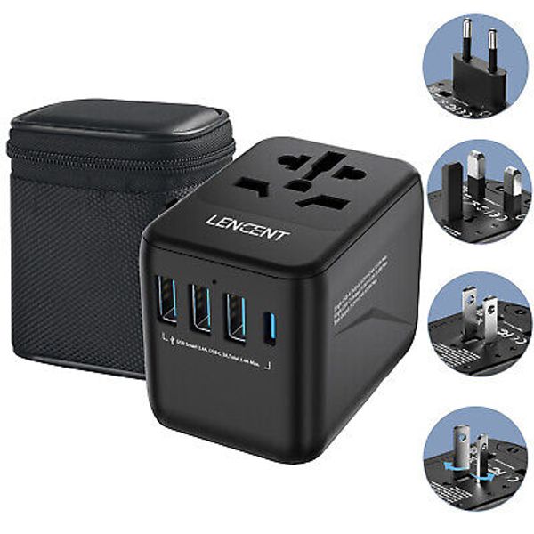 LENCENT Universal International Travel Plug 4 USB Power Adapter Worldwide Black