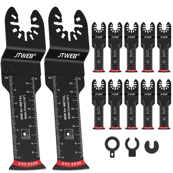 JTWEB Extra Long Oscillating Saw Blades - 12PCS Arc Edge Bi-Metal Multitool Blades Precise Cut for Wood with Nails, Wood, Metal, Universal Quick Release Power Oscillating Tool Blades Kits for Dewalt