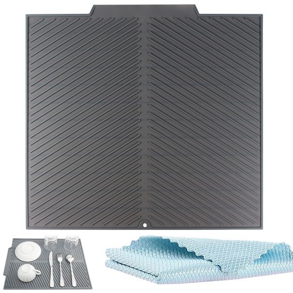 Folding Silicone Draining Mat, Draining Board Mats, Flexible Dish Rack Mat for Countertop, Grey