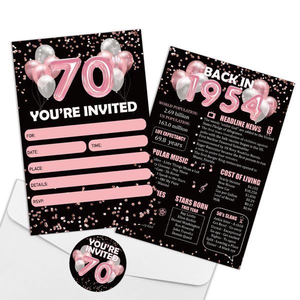 REWIDPARTY Rose Gold 70th Birthday Invitation Cards with Envelopes & Stickers（Set of 15） Back in 1954 Fill in Invitations Happy 70th Birthday Invites 70 Years Old Birthday Party Supplies for Adults