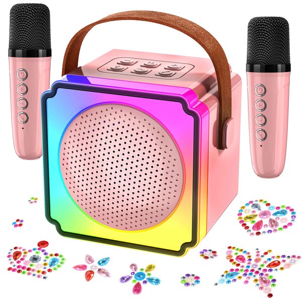 Mini Karaoke Machine with 2 Wireless Microphones, Adults Kids Toys, Gems Stickers, Portable Bluetooth Speaker, Christmas Birthday Gifts for Girls 4, 5, 6, 7, 8, 9 + Year Old (Pink)