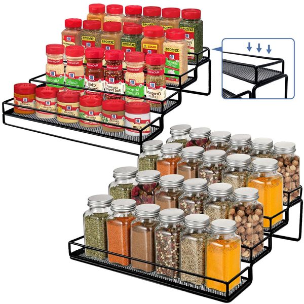 IFELS Spice Rack Organizer for Cabinet, 4 Tier Seasoning Organizer, Expandable Shelf,Step Storage Holder, Kitchen Cabinet Countertop,with Protection Railing, Metal (Black,2 PC)