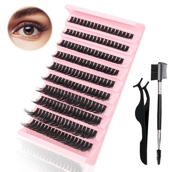 80D Individual Natural Eyelashes D Curl Cluster Lashes Kit, 8-16mm Wispy Individual Lashes, 200pcs Fluffy Volume Lash Clusters for DIY Thick & Fluffy Lash Extensions, with Dual-Ended Brush and Tweezer