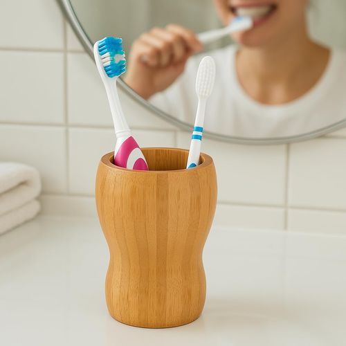 Creative Home Natural Bamboo Gourd Shaped Tumbler Toothbrush Holder Makeup Brush Holder Bathroom Vanity Countertop Organizer, Natural Finish