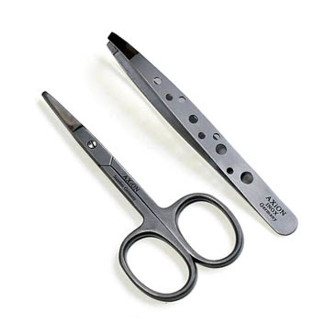 Solingen (Germany) AXiON<br> 2-piece set nose hair scissors (Ultimate straight blade) + precision tweezers #slg007973<br>