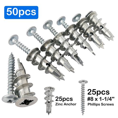 Ansoon Zinc Self-Drilling Drywall Anchors with Screws Kit, 25 Heavy Duty Metal Wall Anchors and 25#8 x 1-1/4'' Screws - 50 Pieces All Together