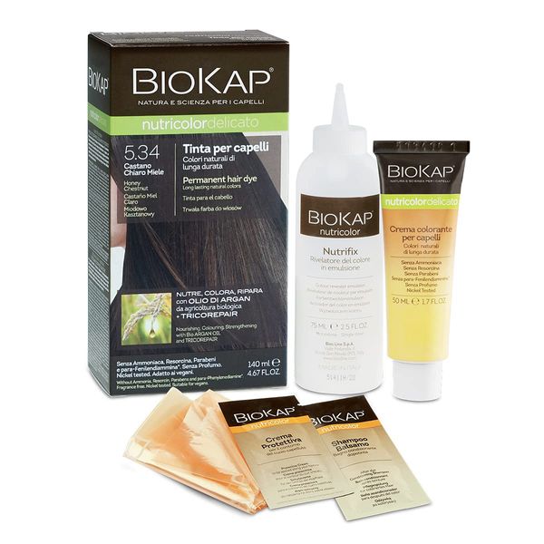 BIOKAP Nutricolor Delicato, Tinta capelli senza ammoniaca che rende i capelli morbidi e lucenti, Colorazione capelli con colori naturali, 140 ml (5.34 Castano chiaro miele)