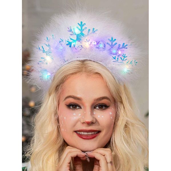 CAKURE Light up Christmas Headband LED Snowflake Headpiece Glowing feather hairband Sparkly Xmas Hair Accessories Holiday Party Costume Headwear