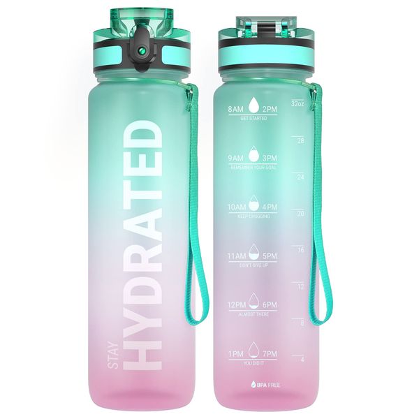 Sahara Sailor Water Bottle, 1000ML Motivational Sport Drinks Bottle with Times to Drink & Lock Cover, Leak Proof, BPA Free, for Gym, School, Cycling (1 Bottle)