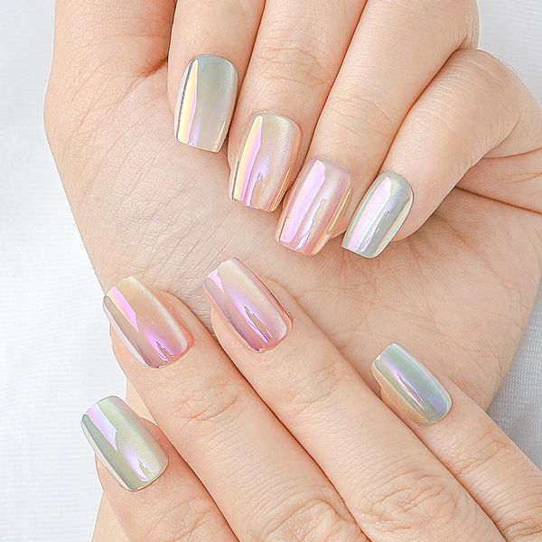 Sethexy Short Coffin Press on Nails Rainbow Cat Eye Fake Nail Colorful Sparkly False Nails Gradient Checkerboard Designs Stick on Nails Glue on Nail for Women and Girls 10Pcs (Colorful1, M)