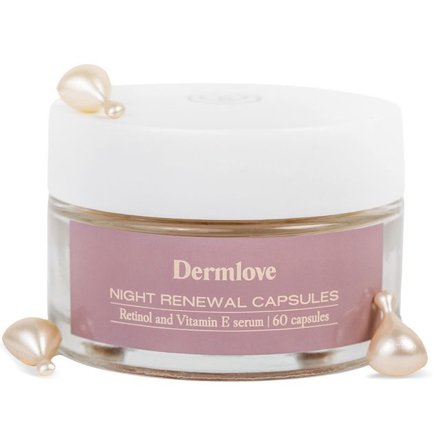 Dermlove Night Renewal Capsules - Retinol Serum For Face with Vitamin E - Anti Aging Serum for Fine Lines and Wrinkles - Retinol & Vitamin E Capsules for Skin - 60 Serum Capsules for Face