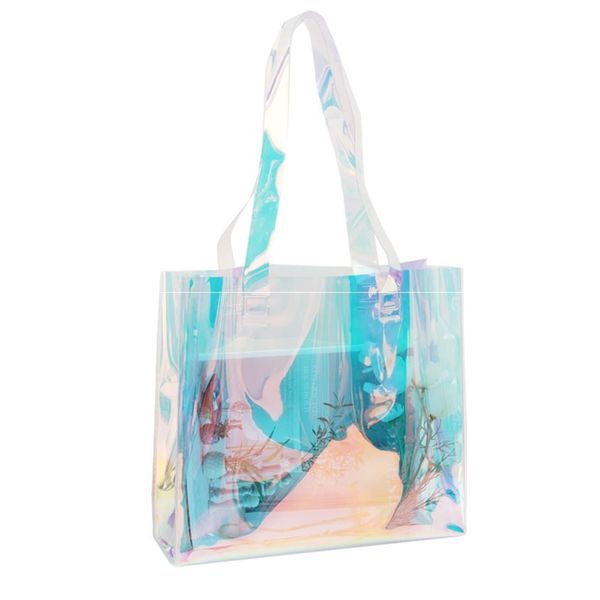 Desikaky Plastic Bag, Beach Bag, PVC Material, Fashion, Radiating Radiation Design, Large Capacity, Waterproof, Transparent Bag, Tote Bag, Ins Style, Colorful, Laser Bag, Swimming, Outdoor, Swimsuit, Slippers, Cosmetic Storage