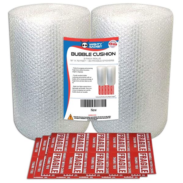 Bubble Cushioning Wrap Rolls by Mighty Gadget - 2-Pack, 12"x72' Total, Clear & Transparent, Perforated 12", Air Cushioning, Free Fragile Stickers, Moving, Shipping, Protective Packaging