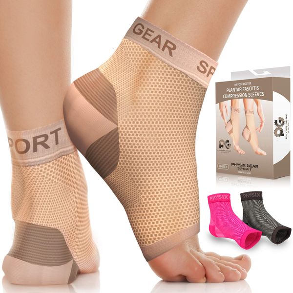 Physix Gear Plantar Fasciitis Support Compression Ankle Socks for Men & Women - Best Toeless Arch Compression Foot Sleeve for Achilles Support, Heel Spurs, Arch, Foot & Ankle Swelling (Beige, S/M)