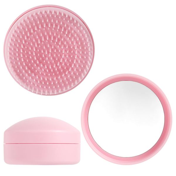 Haarbürste mit Reise Spiegel Runde Mini Taschenbürste Reisehaarbürste Haarbürsten Entwirrbürste Detangler Brush Haarkamm Klein Haar Massagebürste für Männer Frauen Mädchen Kinder Rosa