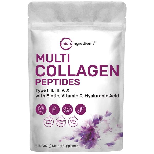 Multi Collagen Protein Powder, 2 Pounds – Type I,II,III,V,X with Biotin 10000mcg, Hyaluronic Acid, Vitamin C – Unflavored Collagen Peptides – Keto & Paleo Friendly, Easy Dissolve, Non-GMO