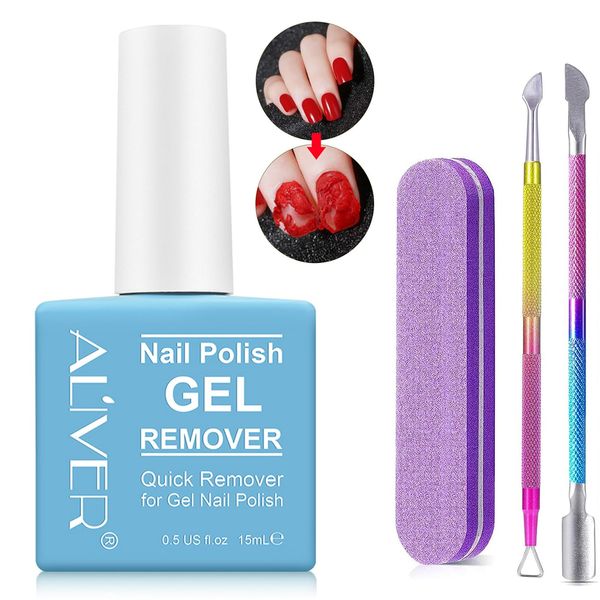 Gel Nail Polish Remover 15ML with Cuticle Pusher and Nail Polish Scraper & Nail File Strip, Professional Gel Remover For Nails In 2-5 Mins, No Soaking or Wrapping