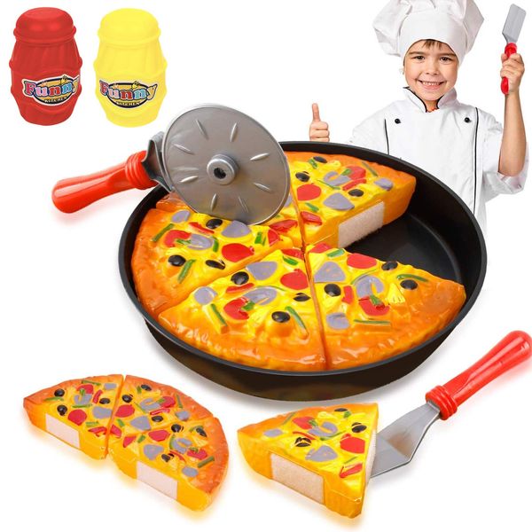 11 PCS Pizza Party Toy Play Set for Kids, Pizza Pie Pretend Play Food - Slice and Serve Plastic Kitchen Cooking and Cutting Playset