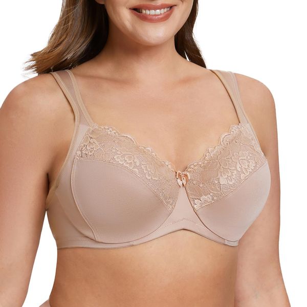 MELENECA Women's Minimizer Bra Full Coverage Plus Size Underwire Lace Comfort Cushion Strap Beige 34C