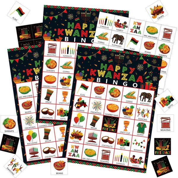 Containlol 39 Pcs Kwanzaa Game Bingo 24 Players African American Culture Bingo Cards African Heritage Bingo for Family School Activities Holiday Happy Kwanzaa Festival Party Favors Supplies