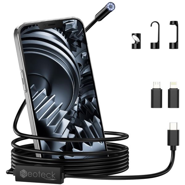 Neoteck Endoscope Snake Inspection Camera with 8 Lights, 5-Meter Hard Cable and 1920P HD Bore Scope, Perfect Compatibility with Android and iOS Smartphone