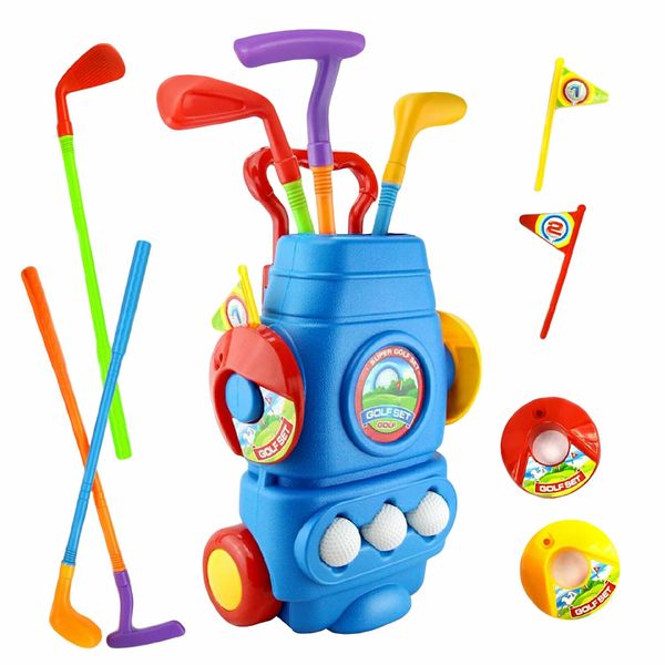 WOLLENWOLE Golf Toy Kids Set - Child Indoor & Outdoor Minigolf Play Game with Clubs, Balls, Trolley - Practice Gift for Boys, Girls & Toddlers, Active Children Sport 3 4 5 6 7 8 9 10 11 12 Years Old