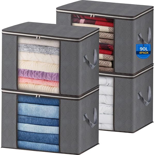 AIOR 4 Stück 90L Groß Aufbewahrungstasche, Faltbare Unterbett Kleideraufbewahrung Schrank Organizer Set, für Bettwäsche, Kleidung, Decken, Kissen Quilt Saison Artikel Lagerung, 60x40x35cm