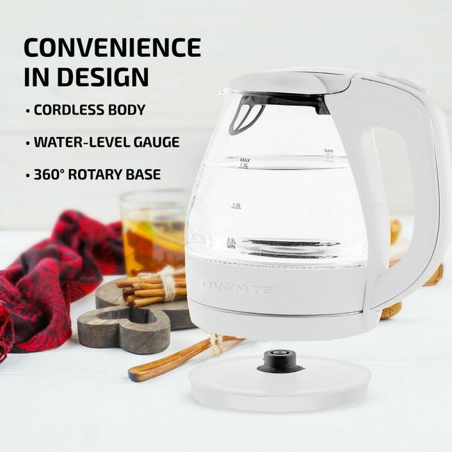 Ovente Electric Hot Water Portable Glass Kettle with Filter 1.5Liter White  KG83W