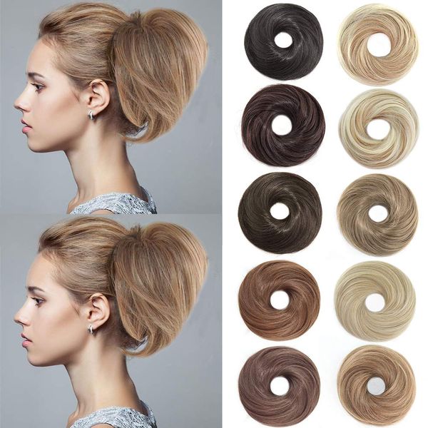 AQINBEL Hair Bun Ponytail Straight Bun Hair Pieces for Women Short Ponytail Bun Hair Extensions Tousled Updo Bun Hairpieces With Elastic Rubber Band Hair Accessories (Brown Mixed Blonde)