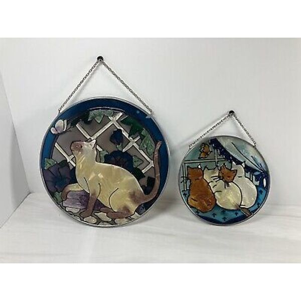 2 Joan Baker Tiffany Cats Stained Glass Suncatcher Art Panels Home Decorative