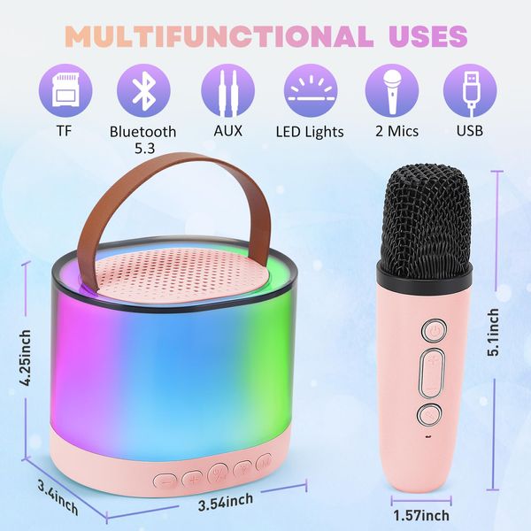 Children and Adults Karaoke Machine, Mini Portable Bluetooth Speaker with 2 Wireless Microphones and LED, Birthday Gift for Boys and Girls Aged 4-12, Home KTV, Travel Essential Product (Pink)