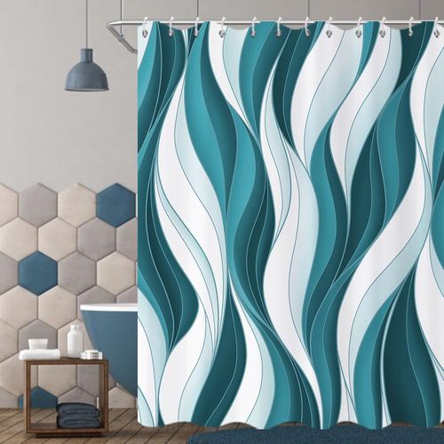 Caheansi Teal Blue Shower Curtain, Modern Abstract Teal Blue White Ombre Striped Minimalist Art Bathroom Curtain Waterproof Fabric Machine Washable with Hooks, 72" Wx72 L