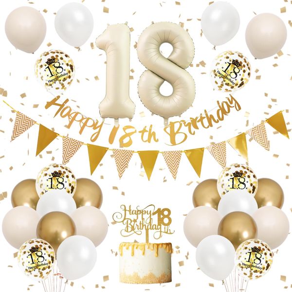 18th Birthday Decorations Sand White Gold,18th Birthday Balloons Beige Gold,Happy 18th Birthday Banner with Cake Toppers Number 18 Balloons for Girls Boys Birthday Party Decorations