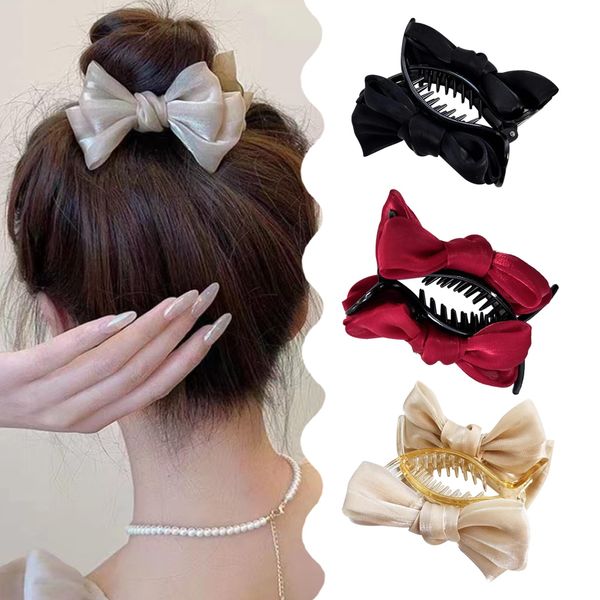 Hair Clip, Set of 3, Ribbon, Hair Ornament, Hair Clip, Bow, Hair Ornament, Strong, Can Be Used for Dense Hair, Simple, Cute, Hair Accessory, Popular, Commuting to Work Gift, For Adults and Women