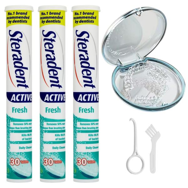 Denture Cleaning Tablets | Active Fresh 90 Day Set | Denture Case and Tools | 90 Tablets | Retainer Box Ideal for retainers,mouthguard,dentures,invisalign.