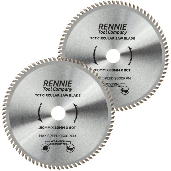 (PACK OF 2) Rennie Tools - 160mm x 20mm Bore x 80T TCT Circular Wood Saw Blade. Fits Bosch Festool TS55 Makita Ryobi Dewalt Circular Saws etc, 160mm Circular Saw Blade Also Fits 165mm Circular Saws