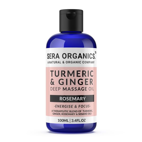 Turmeric & Ginger Massage Oil with Rosemary - 100% Natural Ginger Oil Therapy for Lymphatic Drainage, Nerve, Muscle & Joint Relief, Warming Relaxing & Soothing Massage (100ml) by Sera Organics